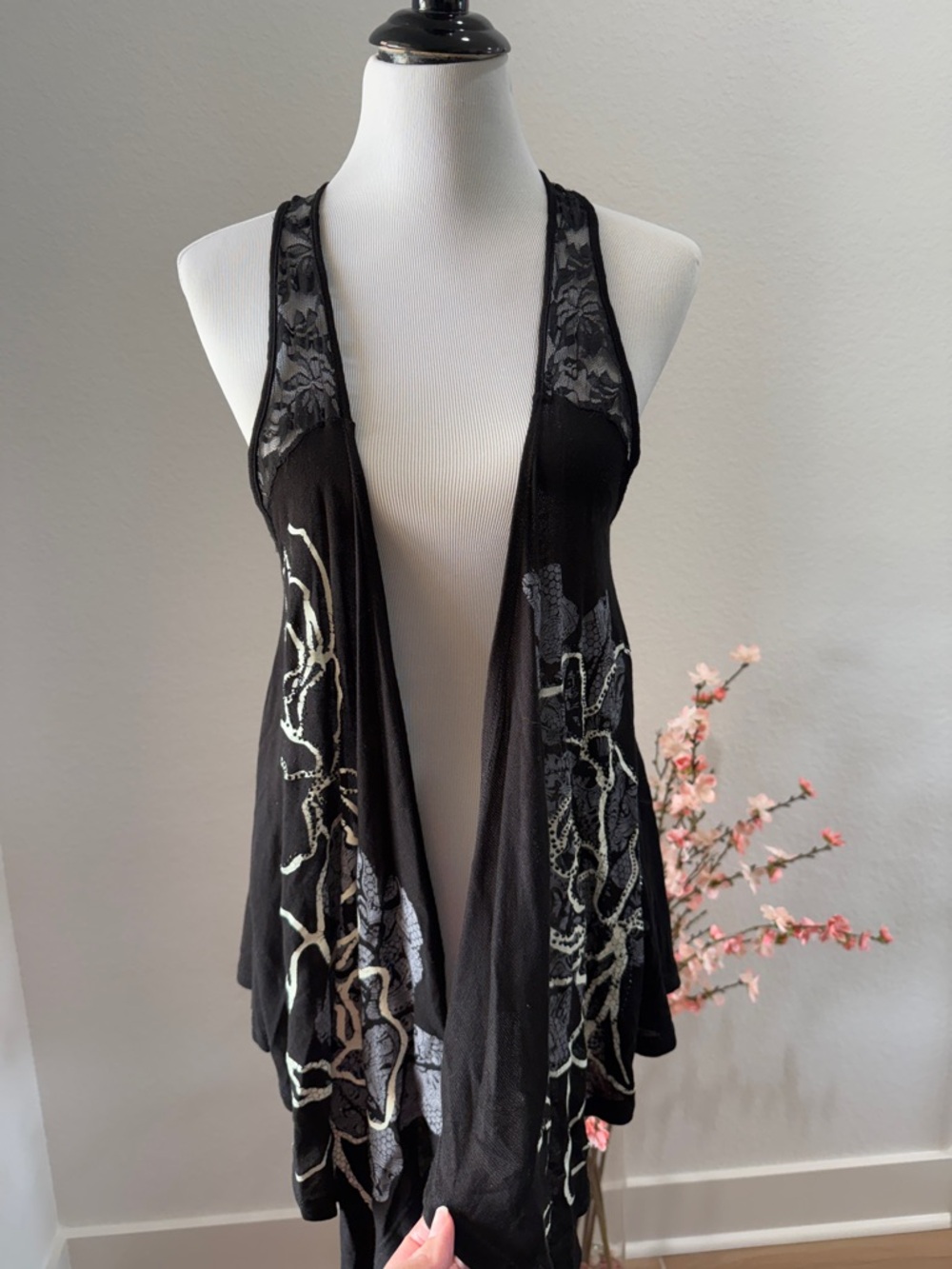 Sheer Black Floral Lace Open Front Vest